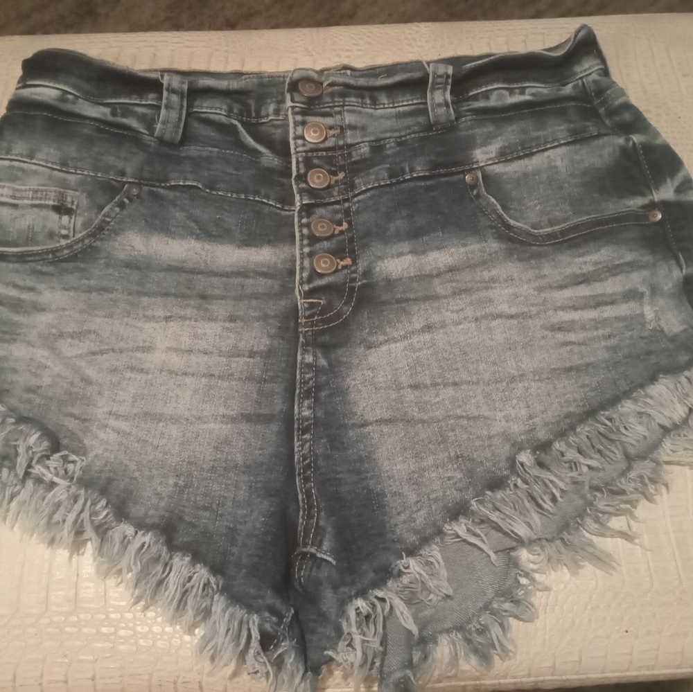 Denim high rise fringe ripped jean shorts